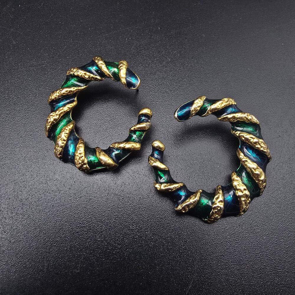 Blue Green Enamel Gold Tone Earrings Twisted Round Vintage 1990s Jewelry